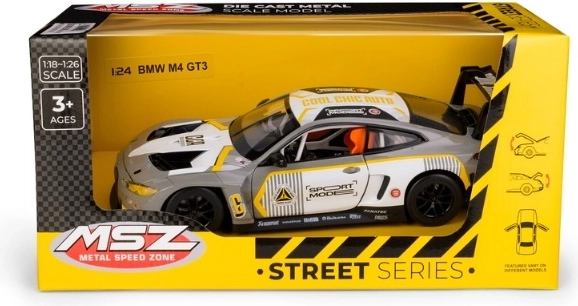 Modelo metálico MSZ BMW M4 GT3 a escala 1:24 en color gris plateado