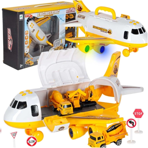 Avión de transporte interactivo con vehículos de construcción, luces y sonidos