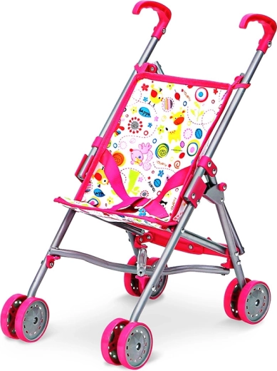 Cochecito tipo paraguas rosa para muñecas con dibujos
