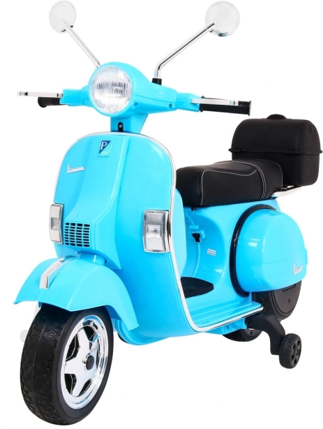 Patinete eléctrico infantil VESPA, azul con ruedines auxiliares y audio