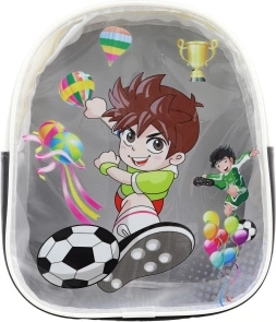 Mochila infantil con motivo de futbolista, parte frontal transparente