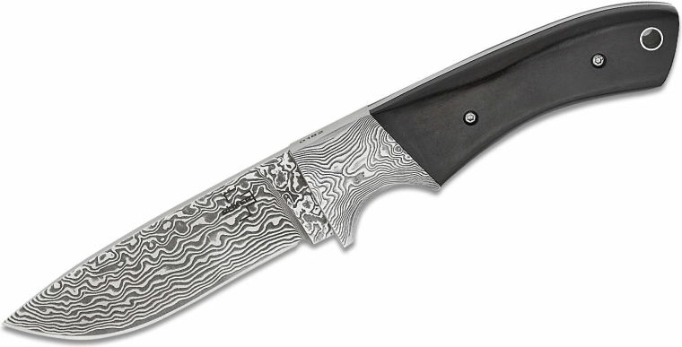 Böker Plus M-ONE cuchillo de caza de Damasco con empuñadura de ébano y funda de cuero