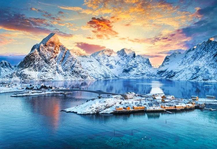 Puzzle Amanecer sobre Sakrisøy, Lofoten, Noruega 1000 piezas