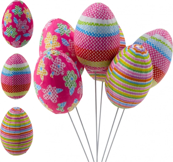 Huevos decorativos de Pascua en varillas con lunares, flores y rayas, set de 6 uds.