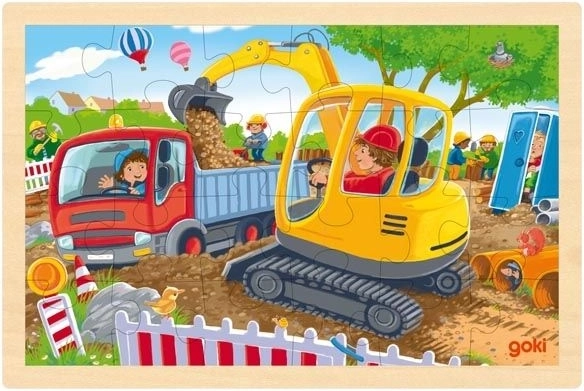 Puzzle de madera GOKI – excavadora, 24 piezas