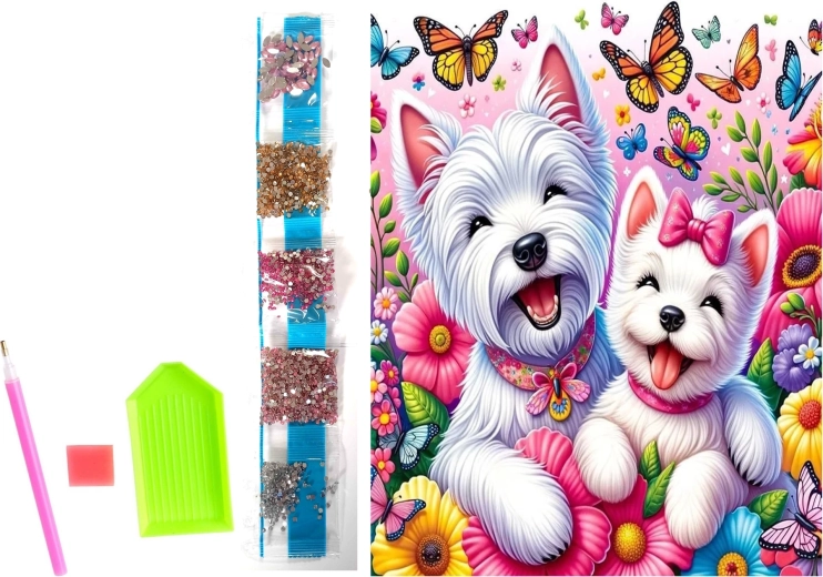 Pintura de diamantes sobre lienzo Perritos alegres 23 × 30 cm