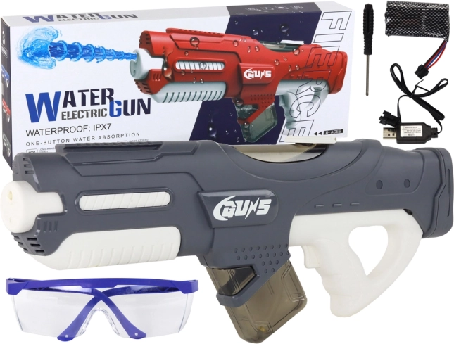 Pistola de agua grande gris de 750 ml con gafas, recargable