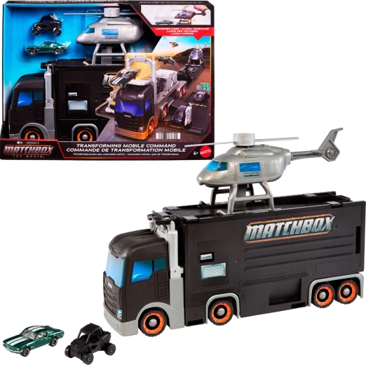 Cuartel general móvil Matchbox: camión de transporte transformable con helicóptero y 2 cochecitos