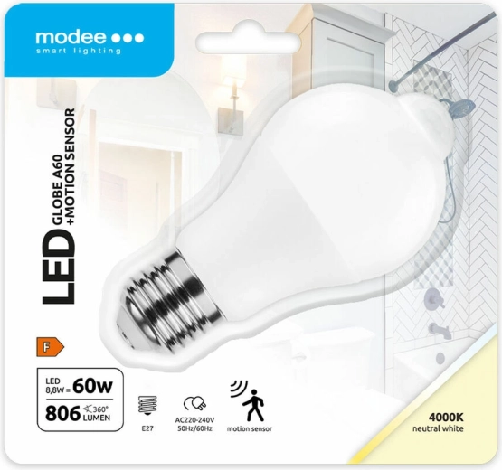 Bombilla LED inteligente Modee Lighting A60 8,8 W E27, blanco neutro con sensor de movimiento PIR