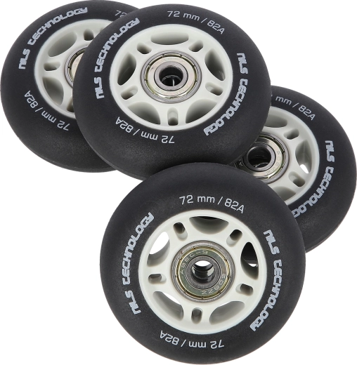 Ruedas mate para patines en línea NILS Extreme 72 mm 82A con rodamientos ABEC 9, negras, set de 4 uds.