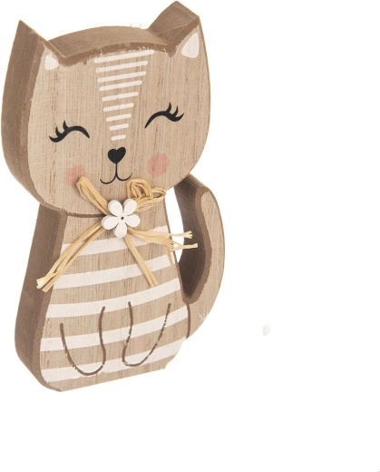 Decoración de madera gato a rayas marrón-blanco 15 cm