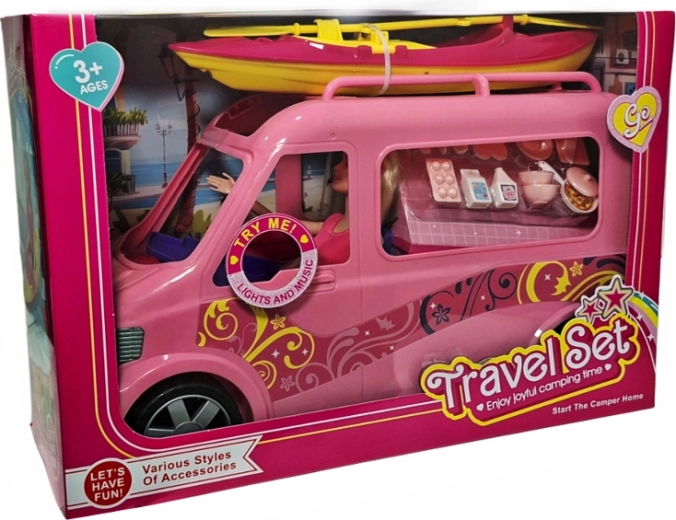 Caravana de camping rosa para muñeca con luz, sonido y accesorios - 1 pieza