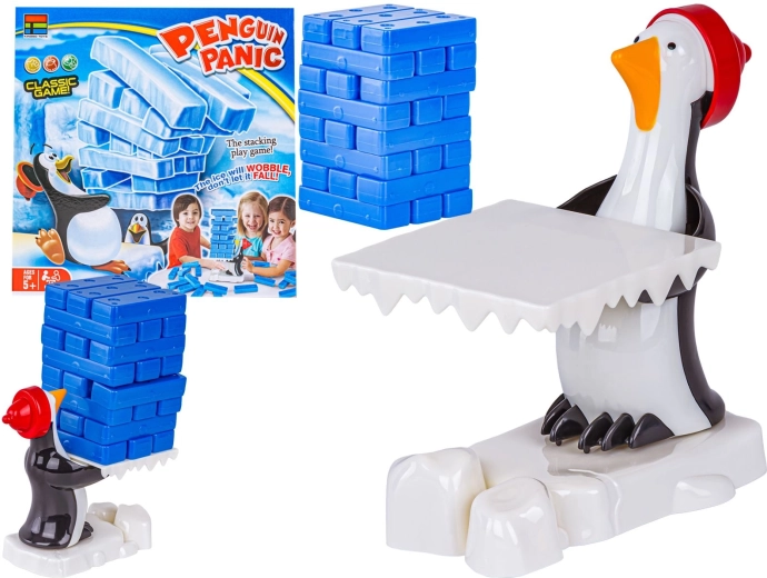 Juego de destreza de torre de personajes con pingüino
