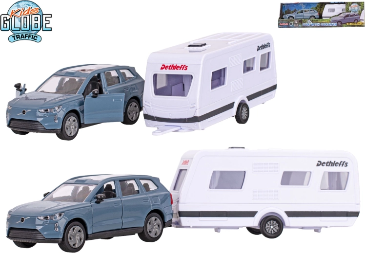 Kids Globe Traffic Volvo EX90 con caravana Dethleffs – modelo metálico con motor de retroceso (pull-back)