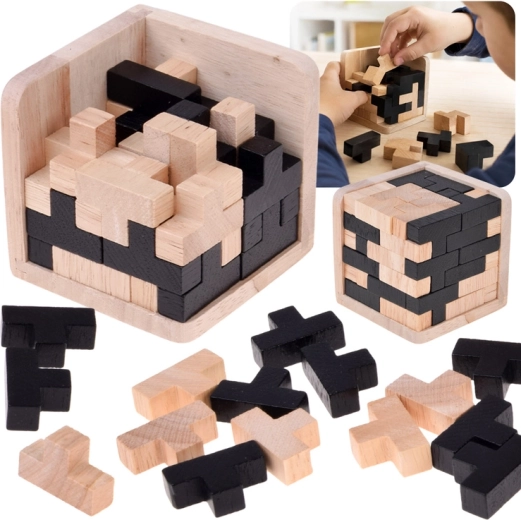 Cubo lógico 3D de madera Tetris en negro y madera natural