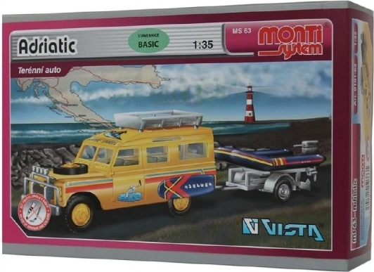 Kit de construcción Monti System MS 63 Adriatic Land Rover-remolque con barco/lancha 1:35 en caja 22x15x6cm