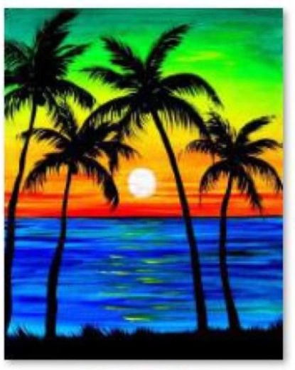 Bordado de diamantes (diamond painting) palmeras – puesta de sol 30 × 40 cm