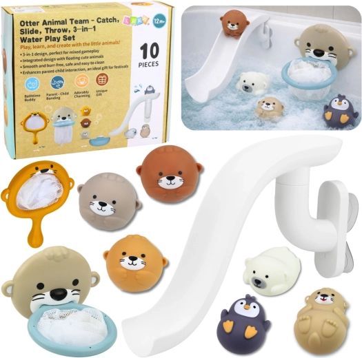 Set de juguetes de baño con nutria y animalitos, tobogán y red, 10 piezas