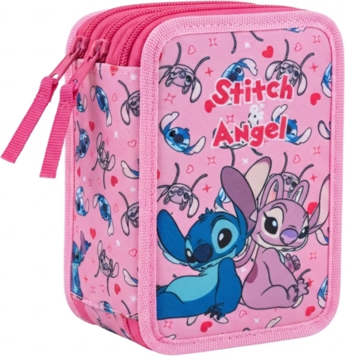 Estuche escolar equipado de tres pisos Lilo & Stitch Stitch y Angel, rosa