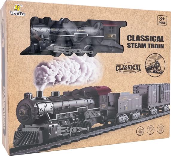 Circuito de tren retro con luces, sonido y humo, 172 cm