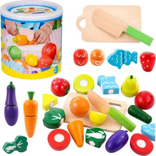 Set de madera de frutas y verduras para cortar en cubito con tabla y cuchillo