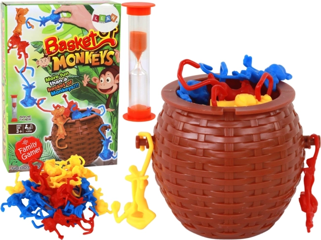Monitos que caen: juego de destreza con cesta y reloj de arena