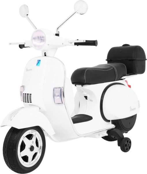 Scooter eléctrico infantil Vespa blanco con ruedines auxiliares, audio y ecopiel