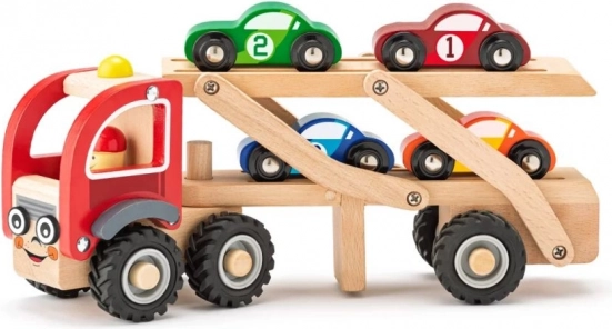 Transportador de coches de madera con 4 cochecitos de carreras