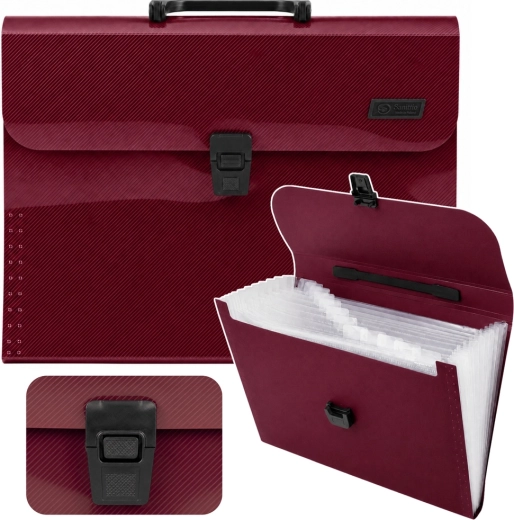 Cartera archivadora tipo acordeón para documentos A4 con asa, 13 compartimentos, burdeos