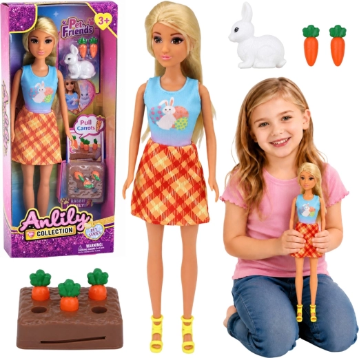 Muñeca Anlily con conejito blanco y zanahorias