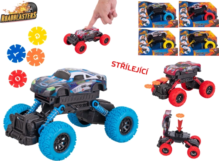 Coche Roadblasters con ruedas grandes – modelo metálico de 17 cm con mecanismo de inercia y disparo de discos