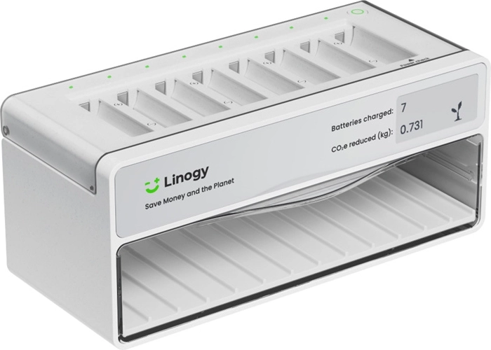 Cargador universal LINOGY para baterías AA/AAA con compartimento de almacenamiento