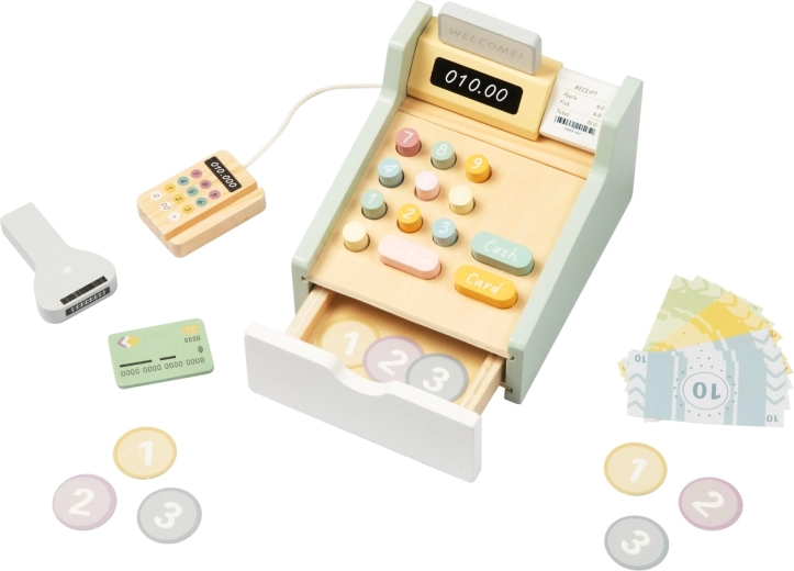 Caja registradora infantil de madera Tooky Toy con terminal y escáner