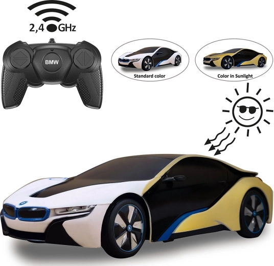Coche RC BMW i8 a escala 1:24 con efecto fotocromático UV