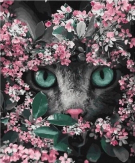 Pintura con diamantes – gatito entre flores 30 × 40 cm