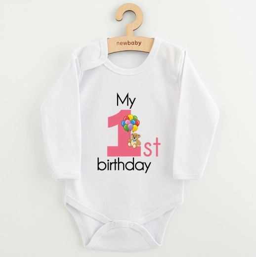 Body infantil con estampado New Baby My First Birthday rosa, talla 86 (12–18 meses)