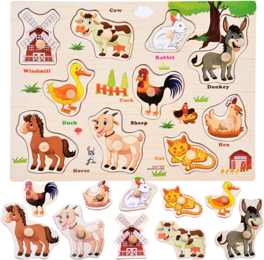 Puzzle de madera de granja con asas y vocabulario en inglés – 10 piezas