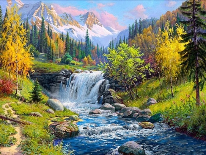 Pintura de diamantes Río de montaña 30 × 40 cm