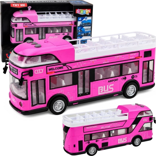 Autobús urbano de dos pisos rosa para niños con luces, sonidos y puertas que se abren