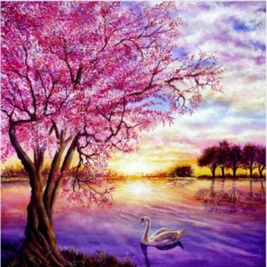Pintura con diamantes (mosaico) – puesta de sol sobre el lago 30 × 30 cm