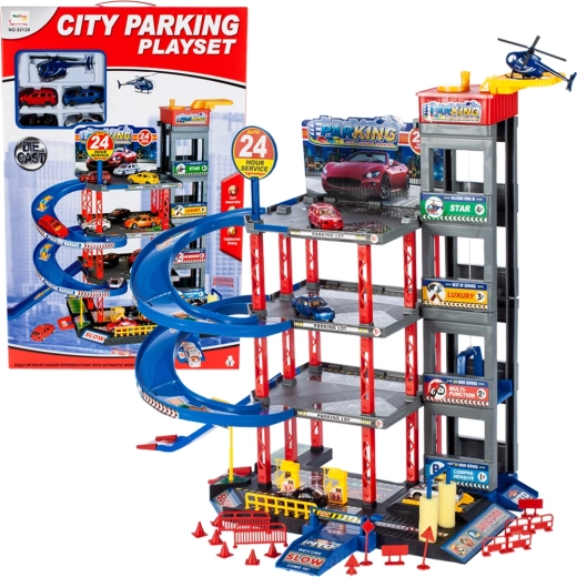 Aparcamiento de varios niveles con coches y helicóptero