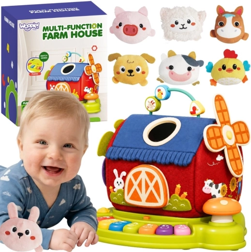 Granja interactiva para bebé Woopie – casita con clasificador y piano + 7 peluches de animalitos