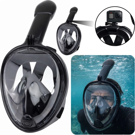 Máscara facial completa para snorkel con vista panorámica de 180° y sistema antivaho, negra L/XL