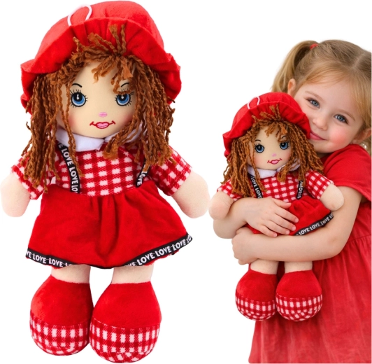 muñeca de tela para abrazar con vestido rojo de cuadros 35 cm