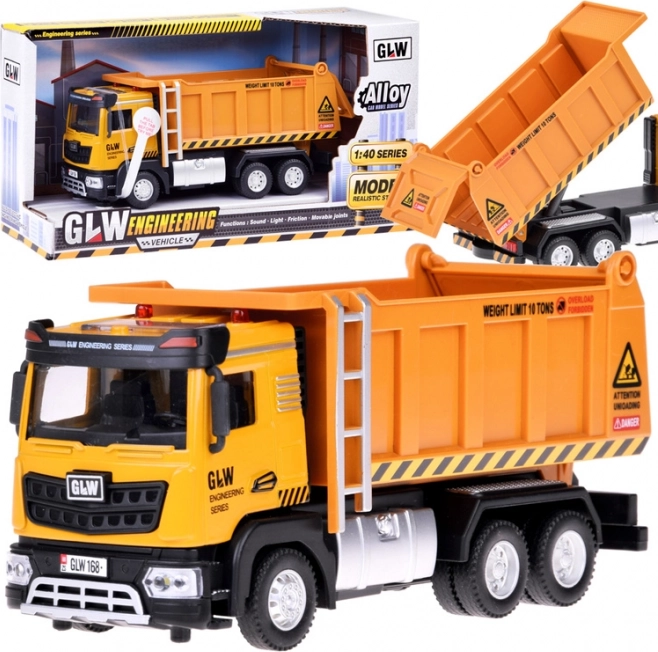 Camión volquete infantil con luz y sonido, carrocería metálica, pull-back