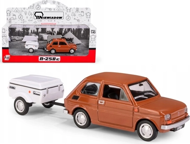 Fiat 126p con remolque Niewiadów N250C, modelo marrón corto 1:43
