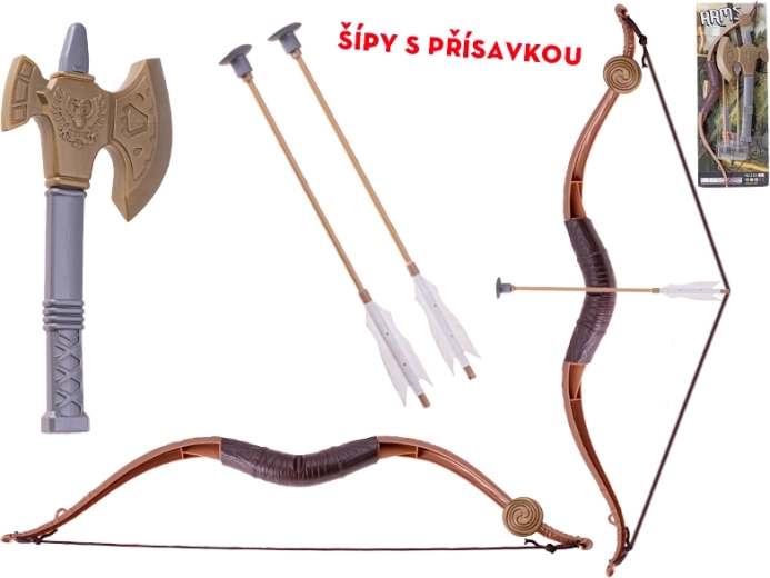 Arco infantil de 57 cm con dos flechas con ventosas y un hacha de plástico