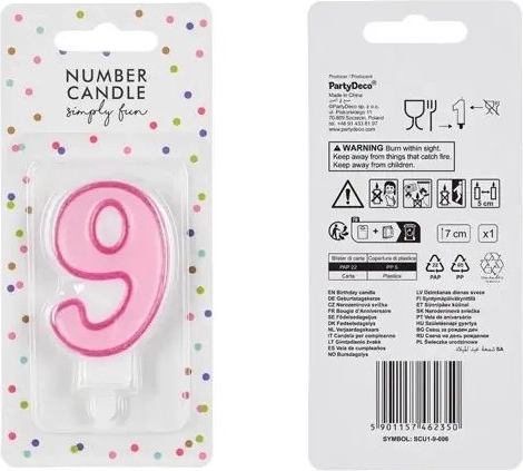 Vela de cumpleaños con forma de número 9, rosa, 7 cm