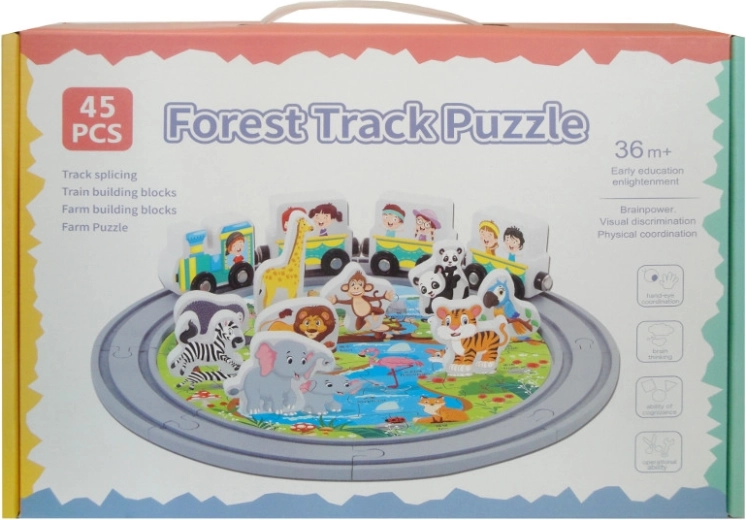 Tren de madera con vías y animales (45 piezas)