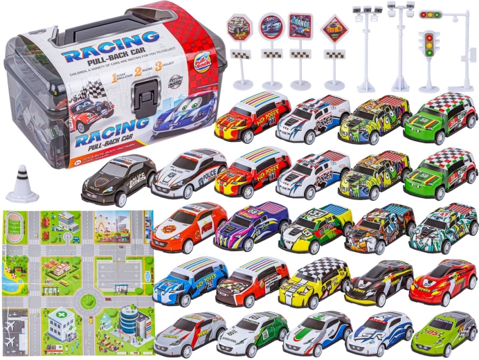 Set de coches metálicos con maletín, alfombrilla y accesorios (25 uds)